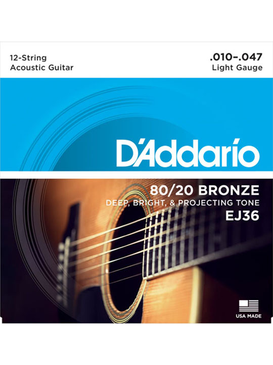 daddario ej36 80/20 12-string bronze acoustic guitar strings light 10-47