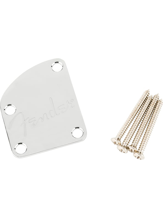 FD-CTH-NPLT-LG-CHM-01 Fender Countoured Heel Neck Plate wSpaghetti Logo, Chrome
